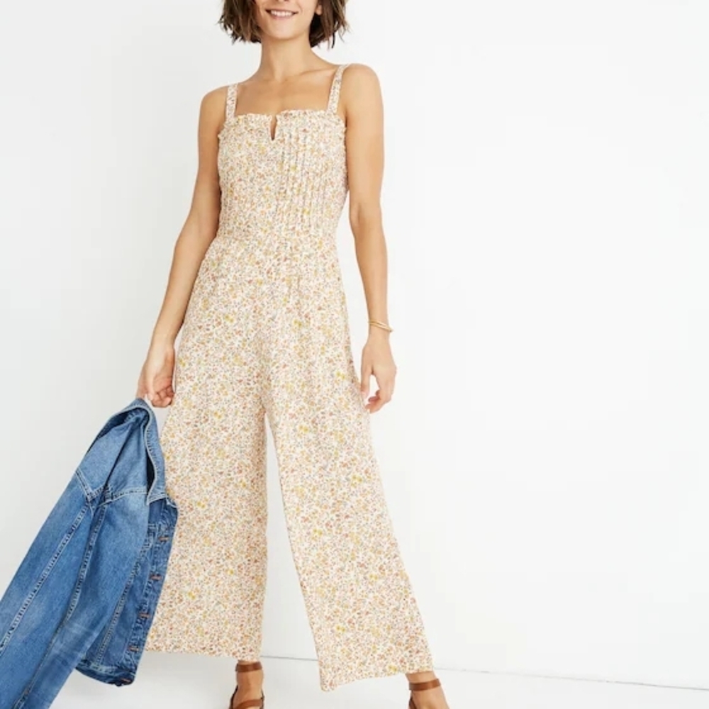 Madewell Floral Smocked Wide-Leg Jumpsuit in Cream and Yellow